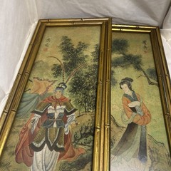 Vintage Chinoiserie Asian Silk Painting Pair Mid Century Faux Bamboo Gold Frame