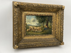 19th Century Barbizon Oil on Canvas – Muttons Shepherd and Sheeps in Countryside