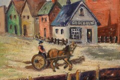 Harbor & Boats Antique Original Oil Painting, Miller 32.5″ #51894