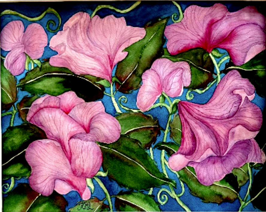 PAINTING WATERCOLOR ART LAVENDER PINK SWEET PEA FLOWERS 11X14 & DOUBLE MAT 16X20