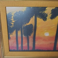 Hawaii Sunset Palm Trees Scenic 1970’s Print Painting Framed Signed