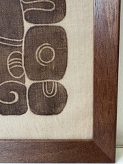Vintage Mayan Glyph Art on Fabric Framed Art Piece 1977 12″ x 25″