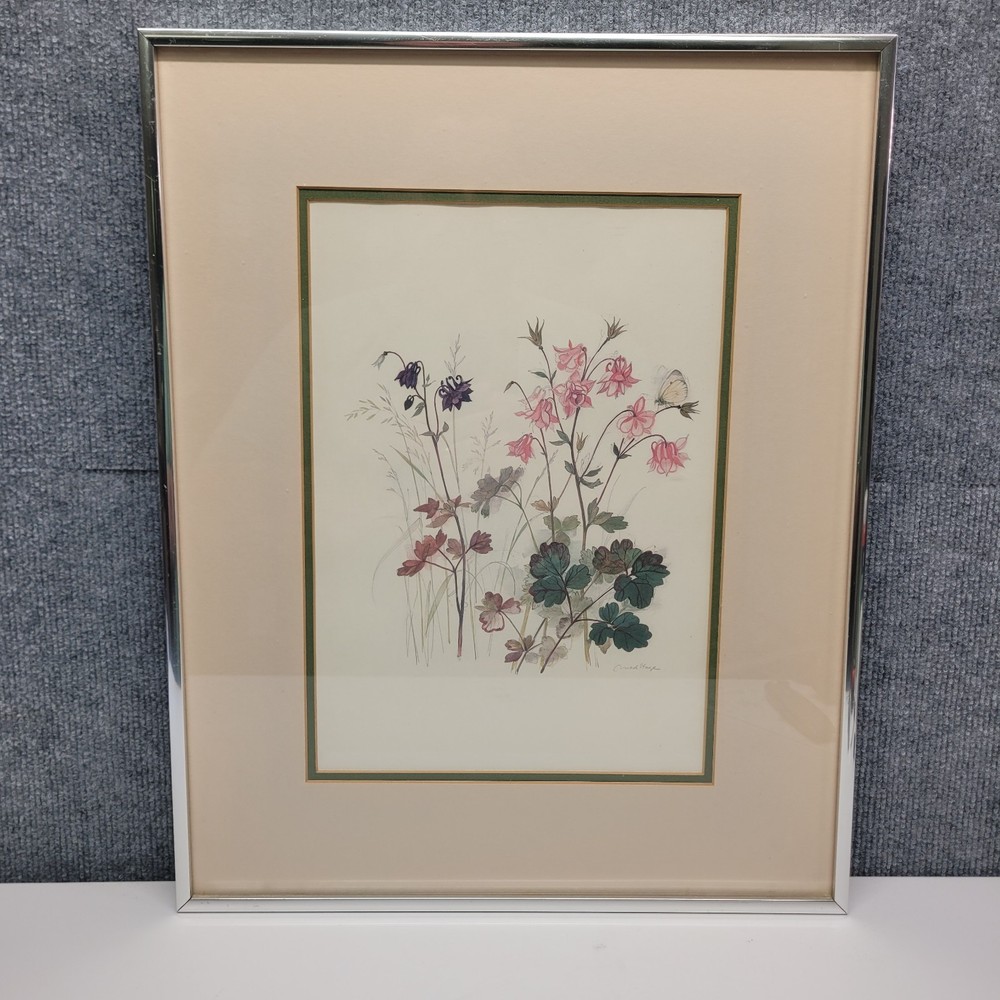 Columbine Flowers by artist Mads Stage Framed 16×20 Watercolor Style Butterfly