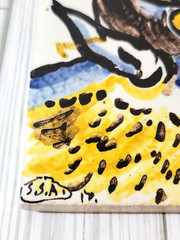 Mixed Media Cat Ceramic Tile Slab Painted Undated Signed Yellow Signed S.SA.