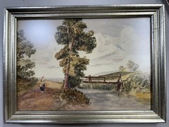Antique Watercolor Painting Of Rustic Bridge Over Stream in Countryside Framed