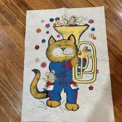 Vtg Whimsical Art Drawing Painting “Happy Cat” Tuba Mice On Felt Cloth 60s