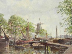 Dutch School mid 20th century impressionist painting canal scene and windmill