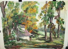 RUSSELL COLLEY LARGE ORIGINAL WATERCOLOR AMERICAN HOMESTEAD LANDSCAPE PAINTING