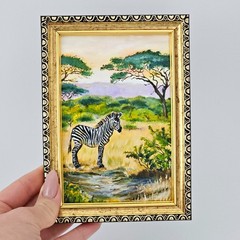 Zebra Oil Painting Safari Wildlife Landscape Framed Original Animal Art 4×6