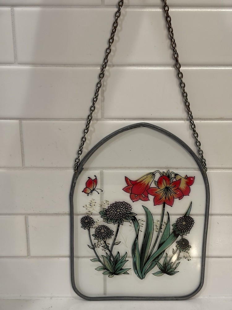 Flowers on glass lead Frame – 5 1/2x 8 Vintage-Red/Brown/Green