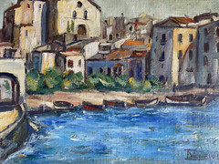 Oil Painting Mediterranean Port Church Old Town ° Unlesrlich Signed