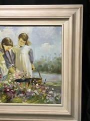 Oil Canvas Painting K. Glory Sisters Amish Girls Picking Flowers Framed Colonial