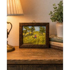 Vtg Miniature Oil Landscape Painting Framed Meadow Figure Rustic Wood 5.5×4.5