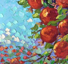 Original Oil Painting Pomegranates on Landscape Impasto Artwork on Panel 12x12in
