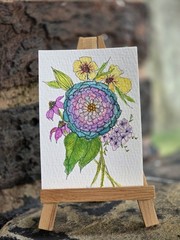 ACEO Original Cottage Garden Bouquet Watercolor Ink Miniature Painting 2.5 x 3.5