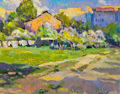 Oil painting Backyard Ukrainian painter canvas Unframed original Decor landscape