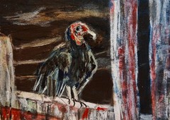 Original Miniature Art ACEO Bird Wild Turkey Vulture Raptor Scary Old Barn