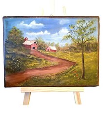 Original Landscape Rustic Painting With Barns Trees On Wood Panel Signed Witt