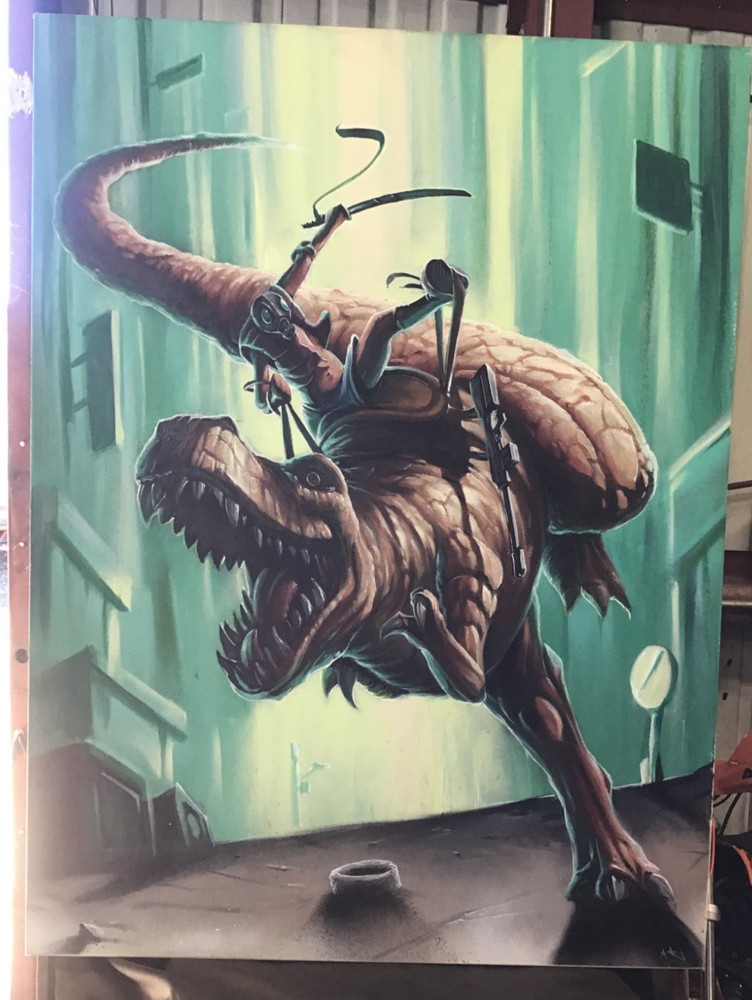 36 in x 48 in Oil on Canvas – T-Rex ridden by Warrior – Signed – Artist Unknown