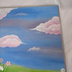 Handmade Pastel Landscape Canvas Painting Pink Clouds & Wildflowers