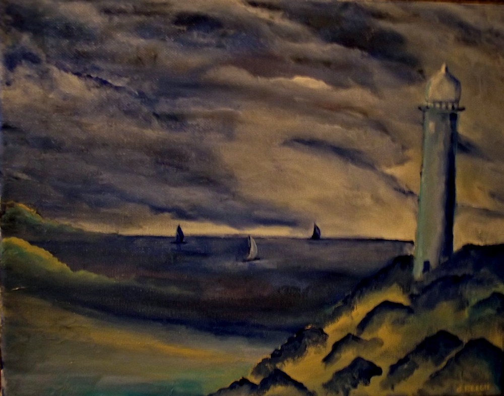 Blue Sails and lighthoue acrylic on canvas artist signed painting 11×14″