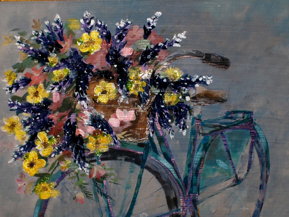 ORIGINAL Royal Pink Yellow Bluebonnet Floral Bouquet Basket Bicycle Oil Board Vt