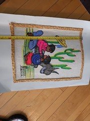 Vintage Mexican Folk Art Burlap Signed Painting. Children Cactus Sombrero