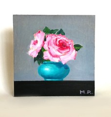 Roses in a Turquoise Vase, original oil painting on wood panel 6″x6″