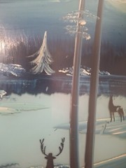 Vtg Art Painted Glass Winter Scene Of Deer In Snowy Forest Framed
