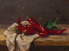 Red Hot Peppers. Still life. ORIGINAL OIL PAINTING. Vintage Framed Kitchen Art