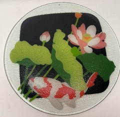 Hand-Painted Glass Art Plate Koi Fish Lotus Pond Asian Decor 12″ Round