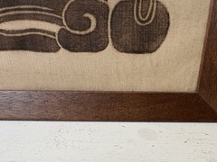 Vintage Mayan Glyph Art on Fabric Framed Art Piece 1977 12″ x 25″