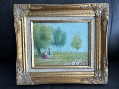 VTG Framed Oil Painting Lady by Flower Garden Scene Ornate Gold Gilt Frame 14″