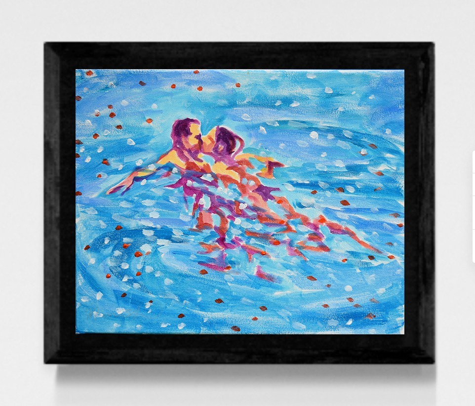 Original 11×14 Expressionism KissingSwimmer Abstract Acrylic Canvas Hand Signed