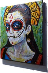 SKULL MASK OIL█PAINTING REALIST ART█VINTAGE ORIGINAL█DAY OF THE DEAD SKELETON NA