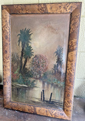 Vintage Old Florida Deep South Palm Trees & Landscape OIL PAINTING Burl Frame