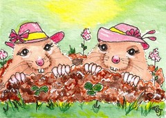 ACEO Original Mole Lasses Ladies in Hats Watercolor Painting Art by CS Jackson