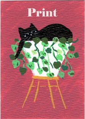 ACEO Art Card PRINT Black Cats House Plants The Secret Life of House Cats #12
