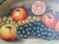 Oil painting still life fruit basket & flower grapes apples