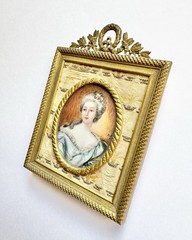 Rare 19th C. French Hand Painted Miniature Portrait Gold Gild & Tapestry Frame