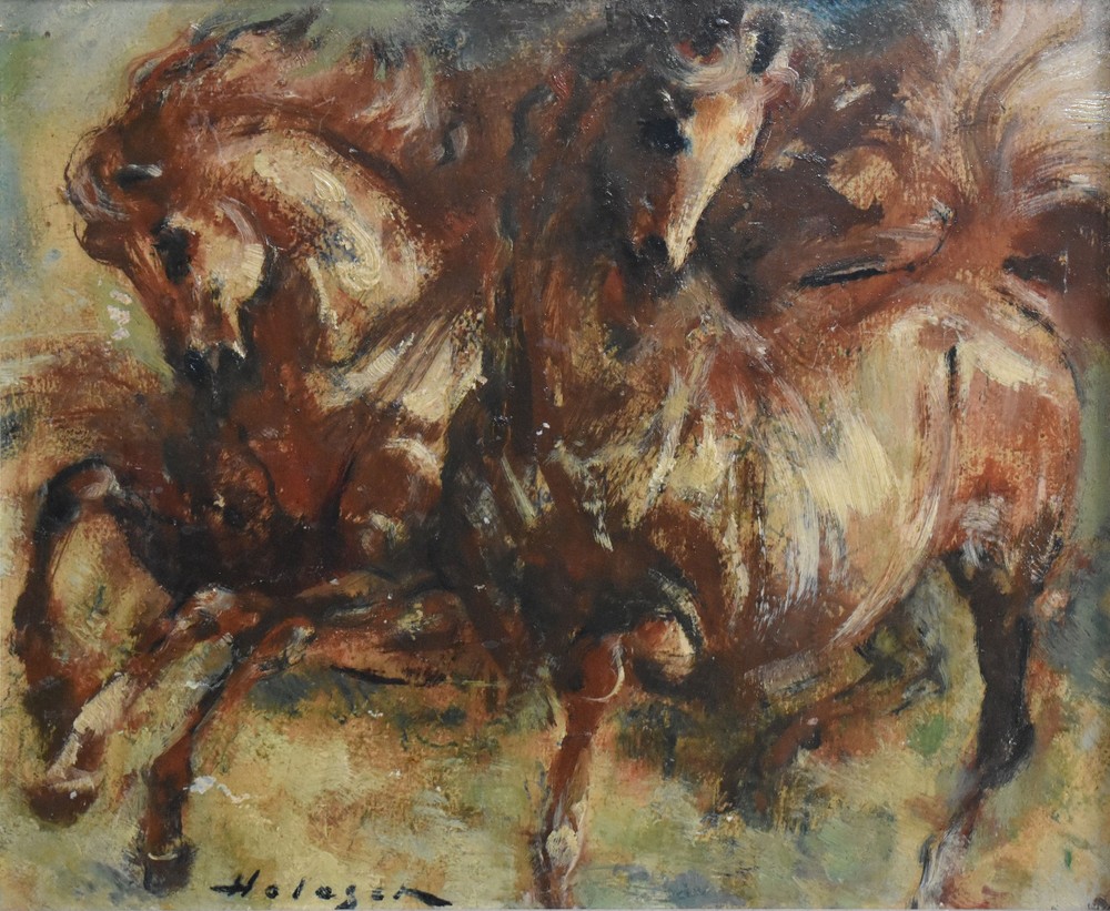 DENES DE HOLESCH-Hungarian/NY Modernist- Original Signed Oil-Two Brown Horses