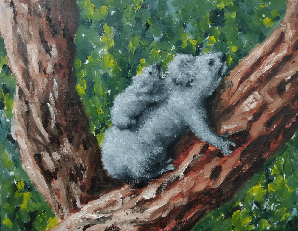Oil Painting Koala Mother Baby in Tree Animal Wildlife Landscape Art by A. Joli