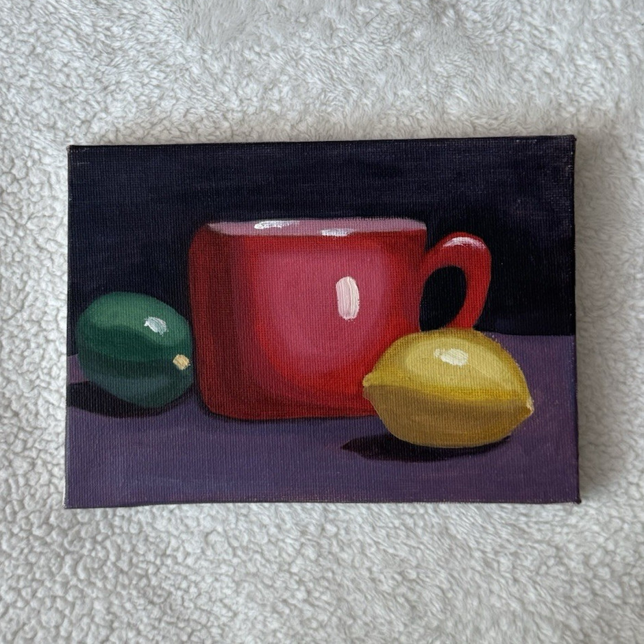 Still Life Red Mug With Lemon and Green Fruit Painting, Small Unframed