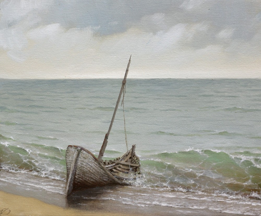 Original Oil Painting Abandoned Boat Seascape Impressionist Coastal Art 11×13 in
