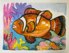 7”x5.5”, Clown Fish In The Coral Reef, Watercolor, Handmade, Signed, COA.