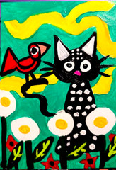 ACEO Original BLACK CAT PERCHING BIRD Miniature By Carmen Hylton
