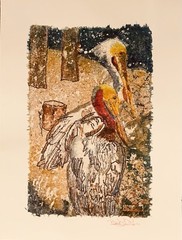 watercolor painting on Rice paper Mounted Unframed￼, pelicans, Batik