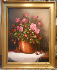 Copper & Maine Roses 18×14 Framed Original Oil Painting by Artist Celene Farris