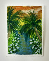 ACEO Original Impressionist Landscape Palm Trees Water Paper Unframed