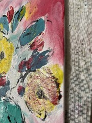 Original Abstract Floral Teal and Yellow Painting – Acrylic on Canvas Art 9×12